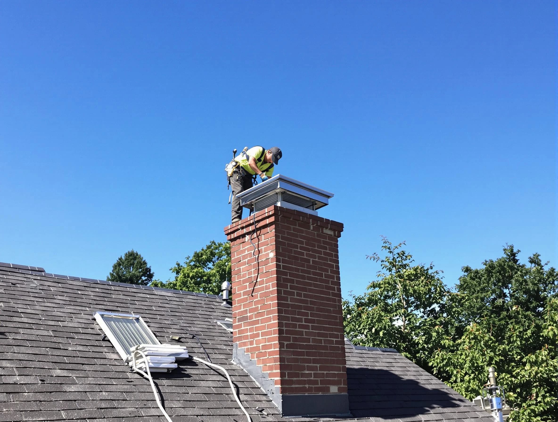 Yukon Chimney Sweep technician measuring a chimney cap in Yukon, OK
