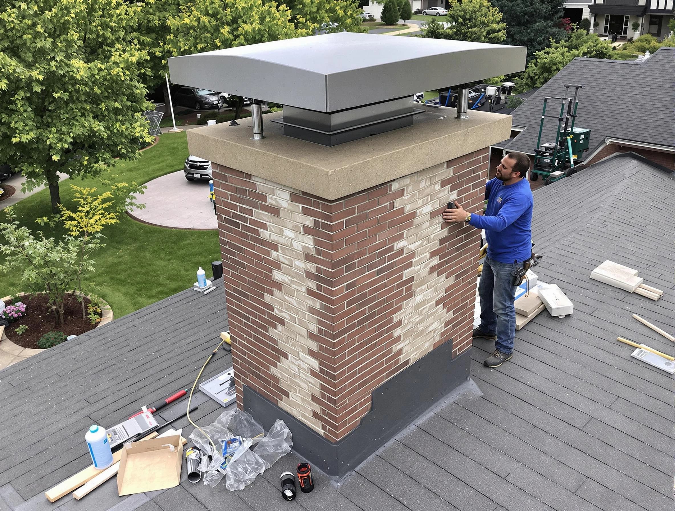 Yukon Chimney Sweep team working on a custom chimney remodel in Yukon, OK